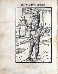 A római pápai szamár, idősebb Lucas Cranach (1472-1553) műve. Fametszet