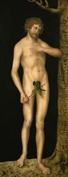 Az ember bűnbeesése: Ádám - Idősebb Lucas Cranach (1472-1553). Olaj, fa, kb. 1510-1520. Méret: 137x54 cm. Kunsthistorisches Museum, Bécs