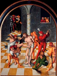 Idősebb Lucas Cranach (1472-1553) Krisztus korbácsolása című festménye. 1538. Dim. 108x84 cm Bécs. Kunsthistorisches Museum