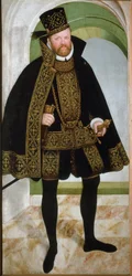 I. Ágost szász választófejedelem, jámbornak nevezett (1526-1586) portréja”” Fiatal Lucas Cranach (1515-1586) festménye 1565 V. 215x104 cm Bécsi Kunsthistorisches Museum