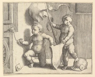 Két meztelen gyerek egy üres pajzsot támogatva, kb. 1510.