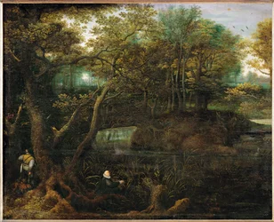 Fisher at the pond in the wood (festmény tölgyfára)