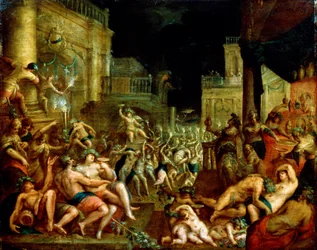 Midasz lakomája Bacchus és Szilénosz tiszteletére. 16. század körül