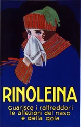 A Rinoleina gyógyszer reklámja a megfázás, torokfájás és köhögés ellen. Lucien Achille Mauzan (1883-1952) illusztrációja.