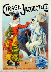 Jacquot lakk reklámja. Két bohóc lakkozással. Lucien Lefevre (1850-?) rajza. 1894 Párizs. Arts Decoratifs - Reklám viaszra Jacquot: Két bohóc cipőkrémmel, Lucien Lefevre