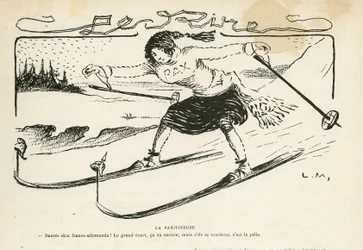 Illusztráció: Le Rire, 24/02/24 - La pax-tineuse - Németország Poroszország, sport, béke, sí, hó, francia-német kapcsolatok, első világháború - Marianne - Sport, Allegorie (metszet)