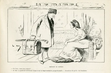 Illusztráció: Le Rire, 24/08/24 - Visszatérés Oroszországból - Antiklerikalizmus, Oroszország, köztársasági elnök, Kalapok, Hivatalos látogatás - Marianne, Poincare Raymond (metszet)