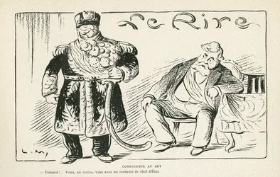 Illusztráció: Le Rire, 27/07/27 - Confidence au bey - Gyarmatosítás - Fallieres Armand (1813-1941), Naceur Bey (Mohamed el-Naceur Bey) (1855-1922) (metszet)