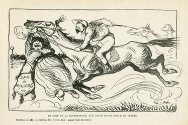illusztráció: Le Rire, 28/06/28 A szüfrazsett ütése, Jaures kis őrült asszonya (metszet)
