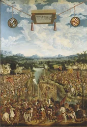 Titus Manlius Imperiosus Torquatus (4eme siècle avant JC) combat un gaulois – Manlius Torquatus Fighting a Gall, Refinger, Ludwig (kb. 1510-1549). Olaj, fa. Mérete: 160x109 cm. Nemzeti Múzeum Stockholm