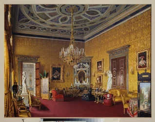 A Tsarkoye Selo (Oroszország) Nagy Palota Lyons Hallja (a sárga rajzterem). Luigi Premazzi (1814-1891) munkája, akvarell papíron