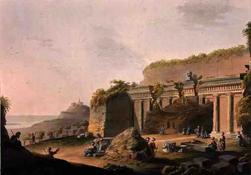 Egy sziklába vájt barlang, Lind Rodosz közelében, a Robert Bowyer (1758-1834) által 1803-ban kiadott "Nézetek az oszmán birodalomban" című műből (színes akvatinta).