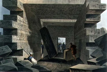 Jupiter Ammon templomának belseje, 71. tábla a „Nézetek az oszmán uralmakban” című kiadványból, kocsma. írta: Robert Bowyer (1758-1834) 1810 (akvatinta)