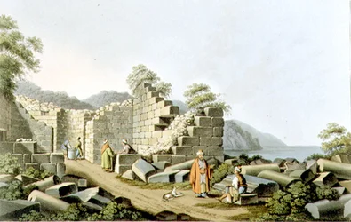 Egy ókori templom romjai Szamoszon, 58. tábla a "Views in the Ottoman Dominions" című kiadványból (R. Bowyer).