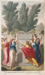 Heliák a fákba, amelyek borostyánt hoznak vagy Le Sorelle di Fetonte Cangiante Pioppiban, illusztráció Ovidius Metamorphoses című művéből, Firenze, 1832 (kézzel színezett metszet)