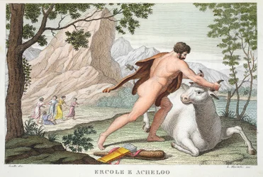 Herkules és Achelous vagy Ercole e Acheloo, IX. könyv, illusztráció Ovidius Metamorfózisaiból, Firenze, 1832 (kézzel színezett metszet)