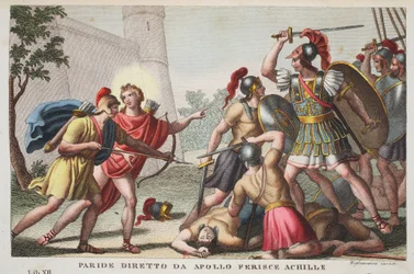 Parisz megöli Akhilleuszt, avagy Apollón által vezetve megsebesíti Akhilleuszt, XIII. könyv, illusztráció Ovidius Átváltozások című művéből, Firenze, 1832