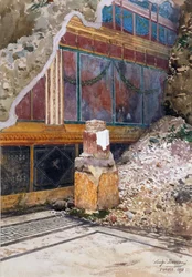 Az Ezüst Esküvő Háza, sérült füzérfreskó, amint az in situ az ásatás során látható, Pompeii, 1897