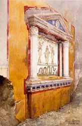 Családi oltár larariuma, ásatás után in situ, Aulus Vettius háza, Pompeji, Kr. u. 36-39 körül, 1895