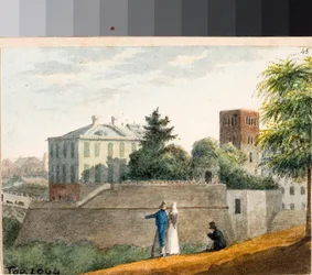 Kilátás a bástyákra és a Santo Stefano harangtoronyra, Genova (akvarell, kb. 1825)