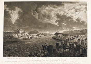 Kilátás a genovai Pila hídra, a Bisagno-özön áradása után 1822.10.26-án (Rézkarc, 1822 körül)