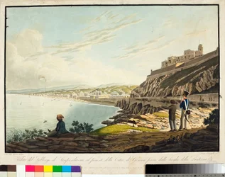 Kilátás a Sampierdarena kerületre Genovától nyugatra, a világítótoronyból. (Rézkarc, 1813-1814 körül)
