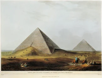 Arab lakóház ókori romokra épült az egyiptomi Menuf-csatorna mentén Luigi Mayer Egyiptom látványaiból, metszet