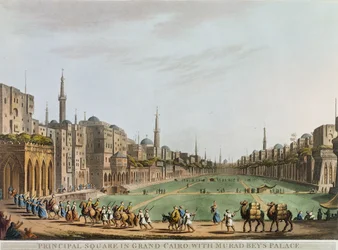 A nagykairói főtér, Murad bej palotájával, 27. tábla a "Views in Egypt" című képből, Thomas Milton (1743-1827) metszete, kiadó: Robert Bowyer (1758-1834) 1801 (aquatinta).