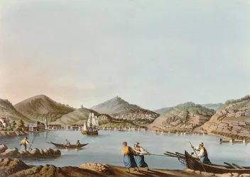 A Samos-sziget nyugati kikötője, 60-as tábla a Views in the Ottoman Dominions-ból, kocsma. R. Bowyer, 1810 (akvatinta)