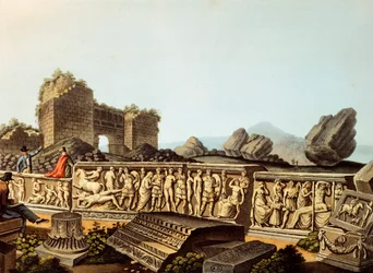 Törökország, Ephesus, európai látogatók márvány domborműveket nézegetve, Luigi Mayer, Metszet