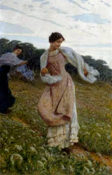 "Breeze. Két nő egy mezőn játszik és élvezi a hőséget, amit a szél fúj. Luigi Rossi (1853-1923) festménye, 1910-1912 körül. Olaj, vászon. Magángyűjtemény.