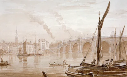 Kilátás a Blackfriars hídra a Surrey partról, csónakokkal az előtérben, London, c1825