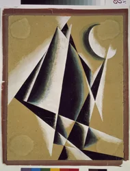 Építkezés. Ljubov (Ljubov) Szergejevna Popova (1889-1924) alkotása, gouache kartonon