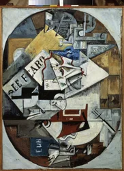 Csendélet. (Le Figaro) Ljubov (Ljubov) Szergejevna Popova (1889-1924) festménye, olaj, vászon