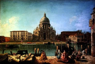 S. Maria della Salute a velencei Rio de San Moise-ból, előtérben dzsentrivel és gondolásokkal