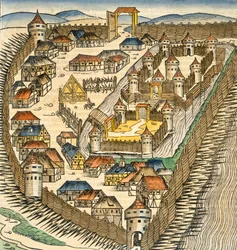 Sabatz, Hartmann Schedel (1440-1514) „The Liber Chronicle” (Nürnbergi krónika) illusztrációja, pub. Nürnberg, 1493 (kézzel színezett metszet)