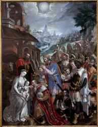 A mágusok imádása. A Szent Család és a Mágusok fölött, a pásztor csillaga. Maaerten de Vos (Martin de Vos, Marten de Vos) festménye (1532-1603), flamand művészet 16. század. Valenciennes-i Szépművészeti Múzeum.