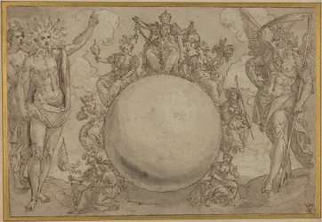 Apolló, Diana és az idő az emberi élet ciklikus viszontagságaival, 1561 körül (toll és barna tinta szürke mosással grafitnyomok felett, átvitelhez metszve, fektetett papírra).