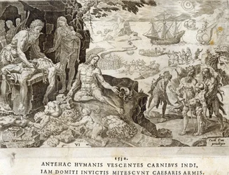 Csatatér az Újvilágban 1530-ban, 6. tábla az „V. Károly császár katonai eredményei”-ből, amelyet Dirk Volkertsz Coornhert (1522-90) vésett, 1555