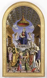 Madonna és a gyermek dicsőségben, zenész angyalok és szentek Keresztelő János, Jakab, Ugo és Jeromos, 1498