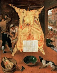 Le boeuf abattu – A levágott ökör – Marten van Cleve (van Cleef), az idősebb (1527-1581). Olaj, fa