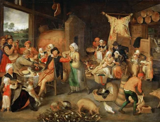 Parasztszalon előkelő látogatókkal - Marten van Cleve, az idősebb (1527-1581). Olaj, fa, kb 1566. Mérete: 123x144 cm. Művészettörténeti Múzeum, Vienne