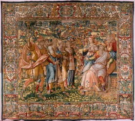 Egyházmegyei múzeum (Egyházmegyei Múzeum). Flamand kárpit. Brüsszel. François Geubels műhely. sorozat: Gideon története. Joás értesül arról, hogy Gedeon lerombolta Baal oltárát (Joás értesül arról, hogy Gedeon lebontotta Baal oltárát). Selyem és gyapjú. ha