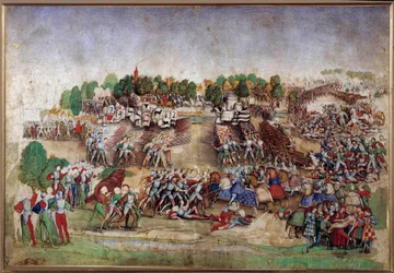 Olasz háborúk: „” A marignani csata 1515. 09. 14-én”” Rajz De La Ratiere mester tollában (16. század) Sun. 0,21x0,31 m Chantilly, Musee Conde