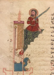 Gyertyás óra, fólió a Kitab fi ma`arifat al-hiyal al-handisaya-tól (A zseniális mechanikai eszközök ismeretének könyve) Al-Jazari (megh. 1206) automata (tinta, átlátszatlan akvarell és arany papíron)