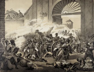 Espana. Guerra de Independecia (1808). Május második napja Madridban. Luis Daoiz halála a Monteleon park védelmében. Metszet Manuel Castellano festménye után. Litográfia.