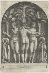 Három pálmafa előtt álló fülkében három gráciát, mellette korsók, amelyekből víz folyik.