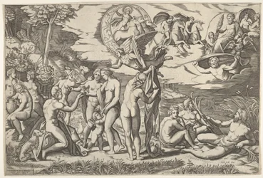 Párizs ítélete: Paris kezet nyújt Vénusz felé, aki Juno és... között áll, kb. 1520-50.