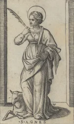 Szent Ágnes áll, tenyeret tart a jobb kezében, egy bárány lent balra, a..., kb. 1500-1527.