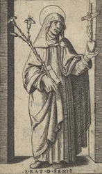 Sienai Szent Katalin virágot és könyvet tart a jobb kezében, egy h..., kb. 1500-1527.